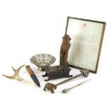 Miscellaneous items, to include a filigree bowl, a carved antler small knife stamped Bergen, tribal
