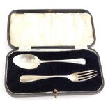 A George VI silver christening spoon and fork, cased, Birmingham 1939.