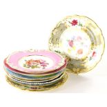 Various decorative wall plates 19thC and others, a comport top hand painted with flowers with a pink