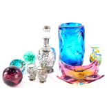 A collection of coloured art glass, to include a Whitefriars style turquoise vase, an apple shaped p