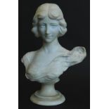 A late 19thC Italian alabaster bust of a lady, carved wearing a flowing dress, on an associated