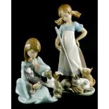 Two Lladro porcelain figure groups, one involving a lady with mop and kittens, and a young girl with