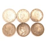 Various coins, crowns, Victoria young head 1845, others 1887, 1897, Edward VII crown 1902, George V