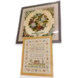 A Victorian floral wool work picture, signed Agnes Dickinson, aged 11, 1880, 57cm x 59cm, and a 20th