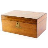 A Victorian walnut and brass inlaid workbox, with a later lined interior, 40cm wide.