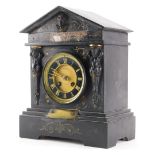 A late 19thC French black slate, parcel gilt and marble portico shaped mantel clock, with bronzed me