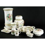 A quantity of Coalport Ming Rose pattern ceramics, to include a tapering vase, miniature cot, etc.