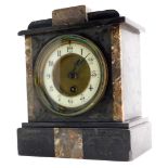 A late 19thC French black slate and marble mantel clock, the enamel style chaptering with Arabic num