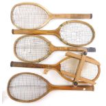 A collection of early 20thC tennis rackets, to include one stamped Club, another Diamond selected, o