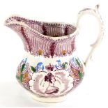 A Royal commemorative Queen Victoria coronation jug, decorated in puce with coloured highlights.