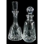 A cut glass decanter and stopper, unmarked 28cm high, and a mallet shaped cut glass decanter with st
