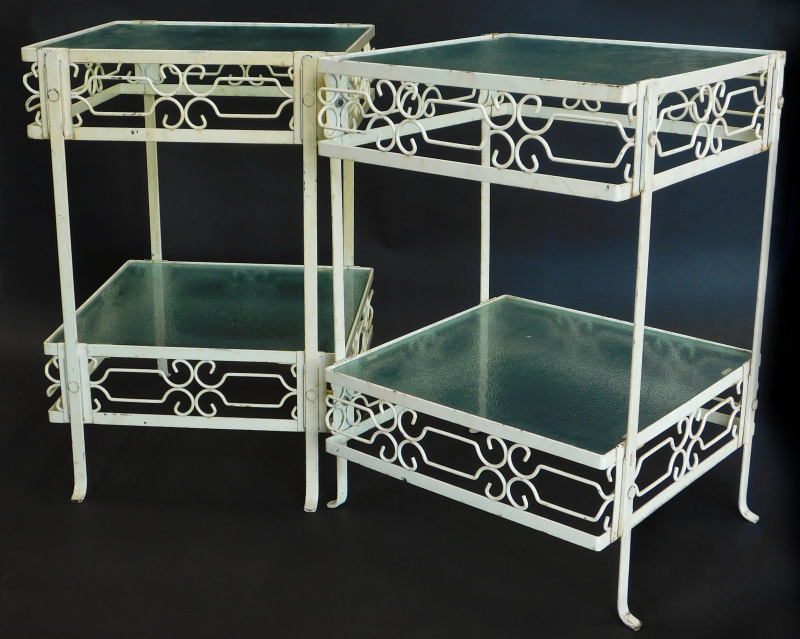 A pair of 1950's painted vintage occasional tables, in Art Deco style, each with two textured glass