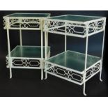 A pair of 1950's painted vintage occasional tables, in Art Deco style, each with two textured glass