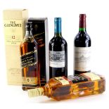 A collection of wines and spirits, to include Glenlivet 12 Years single malt Scotch, Johnnie Walker