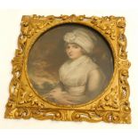 19thC. Coloured mezzotint print, half length portrait of a maiden holding a book, 59cm x 48cm, gilt
