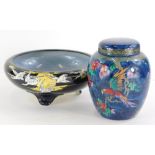 A Keeling Andes pattern ginger jar and cover, printed and painted with flowers, on a deep blue groun