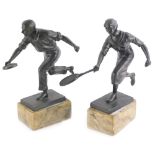Early 20thC School. Male and female tennis players, bronzed spelter on an marble base, a pair 25cm a