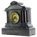 A French black slate and gilt metal mantel clock, with spelter relief cast frieze, gilt dial, the ca