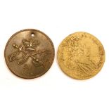 A Golden Jubilee of George III token 1809, (pierced), and a George I defence medallion. (2)