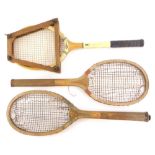 Three vintage tennis rackets, one unmarked, another stamped Slazengers Doherty, another Dunlop Blue