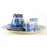 An English pearlware plate, with 'Nankin' pattern decoration, a Willow pattern soup plate, a Staffor