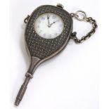 A novelty silver fob watch, modelled in the form of a tennis racket, the white enamel dial with blue