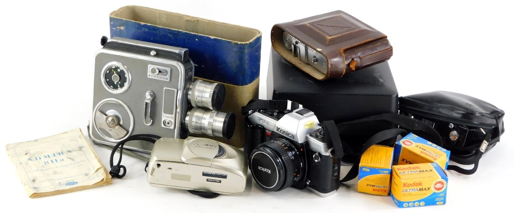 A quantity of camera equipment, to include a Konica FT-1, an Admira 811A-9,1, 9 cine camera, etc.