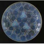 A 1930s French opalescent glass dish, by Arrers with the Hazelnut pattern decoration, raised on thre