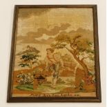 A 19thC pictorial sampler, signed Maryann Cass, aged 13, 1840, set with a figure before tree with cl