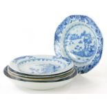 Three 18th/19thC Chinese blue and white plates, and three dishes all with hand painted decoration, v