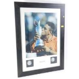 A golf related montage, comprising a coloured photograph of Ben Curtis kissing the Open Trophy and t