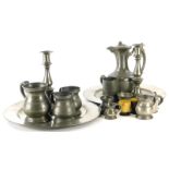 Various 18thC and later pewter, a Shaw and Fisher jug, with berry knop, plain lid and circular foot,