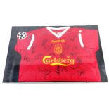 A Reebok and Carlsberg endorsed Liverpool football shirt, bearing various signatures, framed, 50cm x
