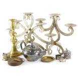 A collection of metalware, to include a pair of silvered metal candle stands, plated teapot, tape me