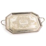 A silver plated two handled tray, presented to Mrs Barkhouse.