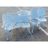 A painted aluminium garden furniture set, of table and two chairs, and a similar two seat chair or b