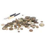 A quantity of coins, etc., to include a 1894 Mexican Republic coin, another similar, two pens, two c