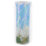 An Isle of Wight iridescent art glass cylindrical vase, with flared rim, gilt makers label to side,