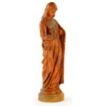 A terracotta style figure of a lady in flowing robes, on wooden base, impressed marks CB Muse De Clu