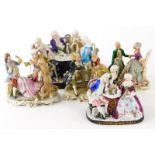 A continental porcelain figure group of cards players in 18thC dress, 13cm high, a similar group of