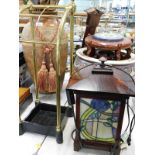 A large oriental style jardiniere, hardwood base, wall barometer, brass framed stick stand, large va