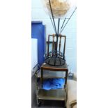 A mahogany bedroom chair, a wrought iron jardiniere stand, a trolley etc.