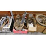 Miscellaneous metalware, unicycle, paraffin lamp, metal bucket, etc. (a quantity)