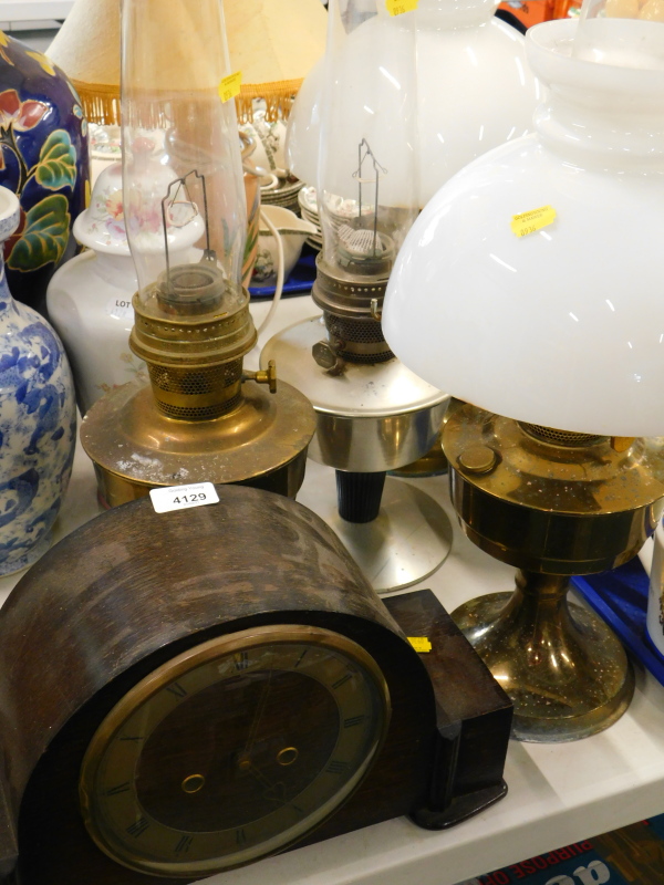 A Smith's oak cased mantel clock, various oil lamps etc. (a quantity)