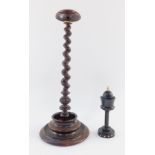 Two 19thC sewing aids, comprising an ebonised bobbin holder, with bone acorn finial and removable to
