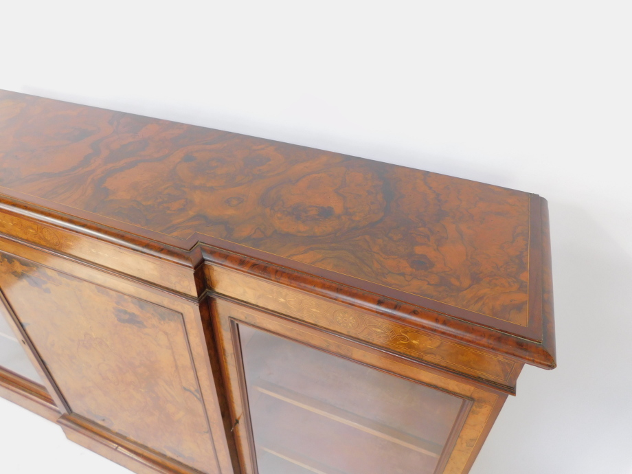 A Victorian figured and burr walnut veneered breakfront credenza, with mahogany cross banded and str - Image 3 of 8