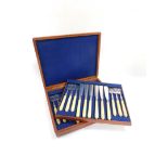 A Victorian silver plate and ivory handled fish canteen of cutlery, mahogany cased.