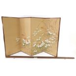 A Japanese four fold screen, decorated with quails and flowers, in a wooden frame with metal mounts,