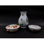 A Royal Worcester Worcester Herbs pattern vase, printed marks, 28cm high, a further dish, and an Eve