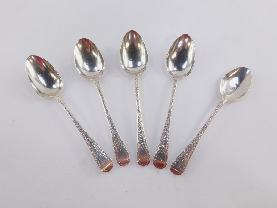 A matched set of ten 19thC silver teaspoons, bright cut, Old English pattern, initialled, with plain - Image 2 of 7